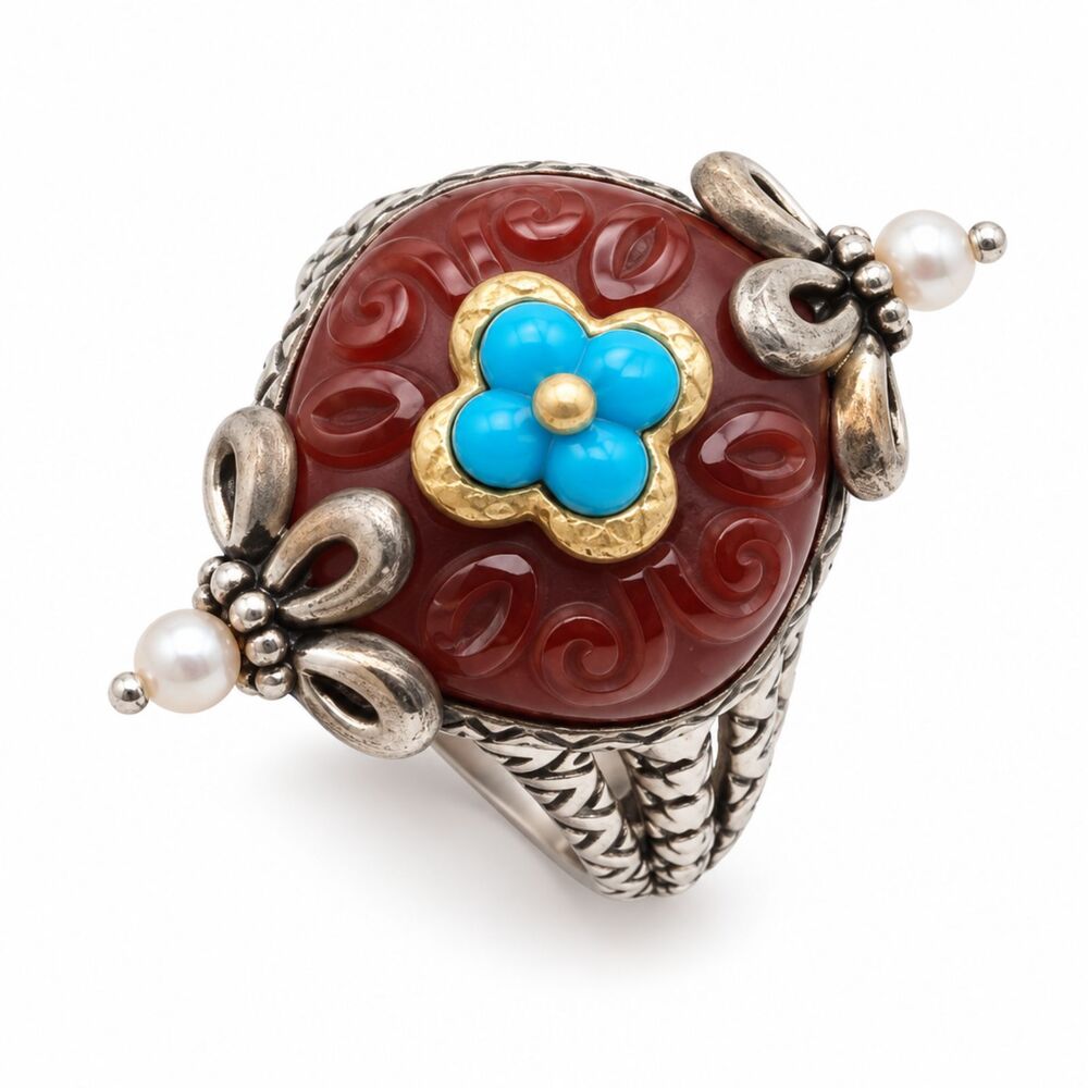 Barbara Bixby 18K Gold 925 Silver Carnelian Turquoise Pearl Cocktail Ring Size 9